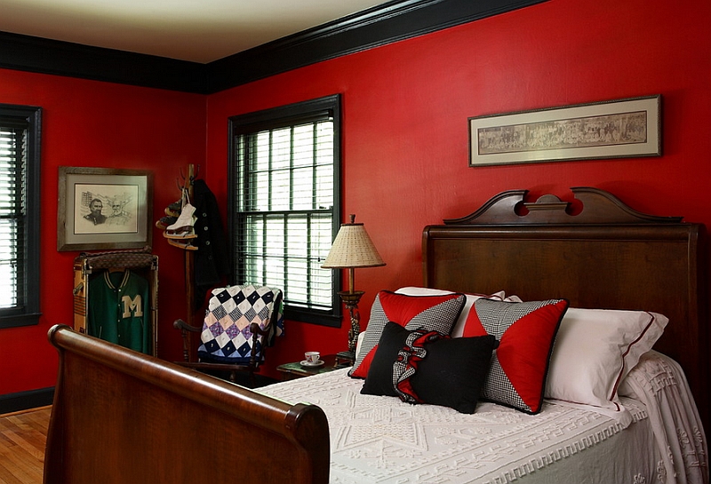 Eclectic-boys-bedroom-seems-drenched-in-red-and-black