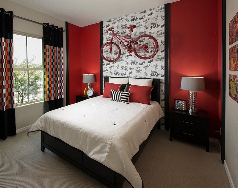 Ingenious-bedroom-in-black-and-red-with-a-wall-mounted-bike