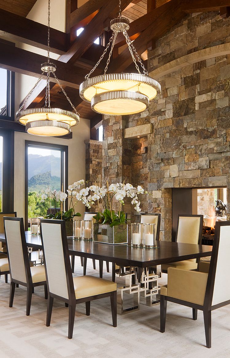 Classy-contemporary-dining-room-with-stone-fireplace