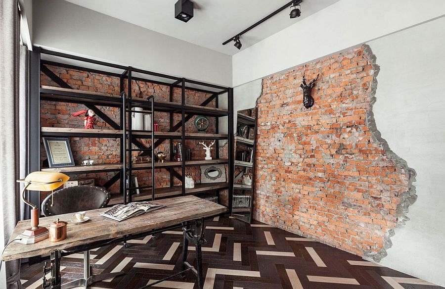 Home-office-with-brick-wall-and-a-metal-shelf