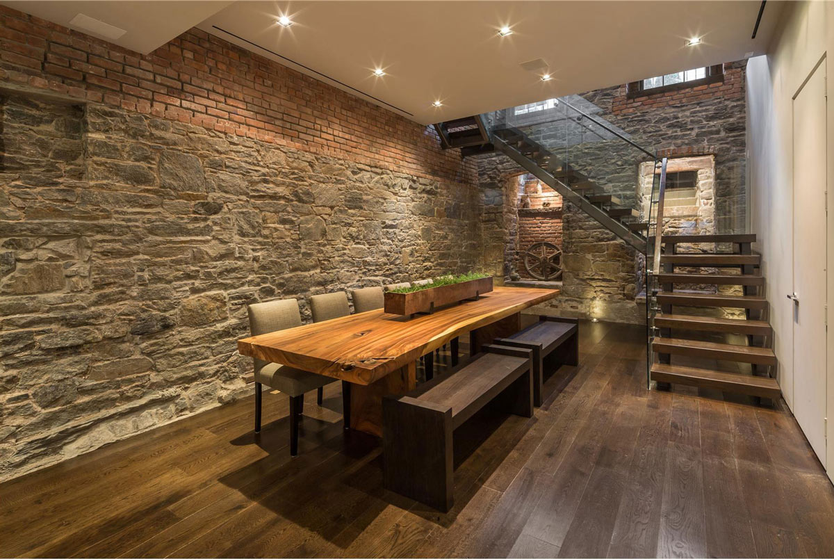 Washington-Place-New-York-Dining-Room-Stone-Brick-Walls-Rustic-Dining-Table