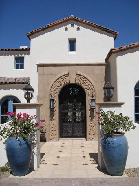 mediterranean-entry-design-front-doors-pavestone-home-designs-arch-blue-trim