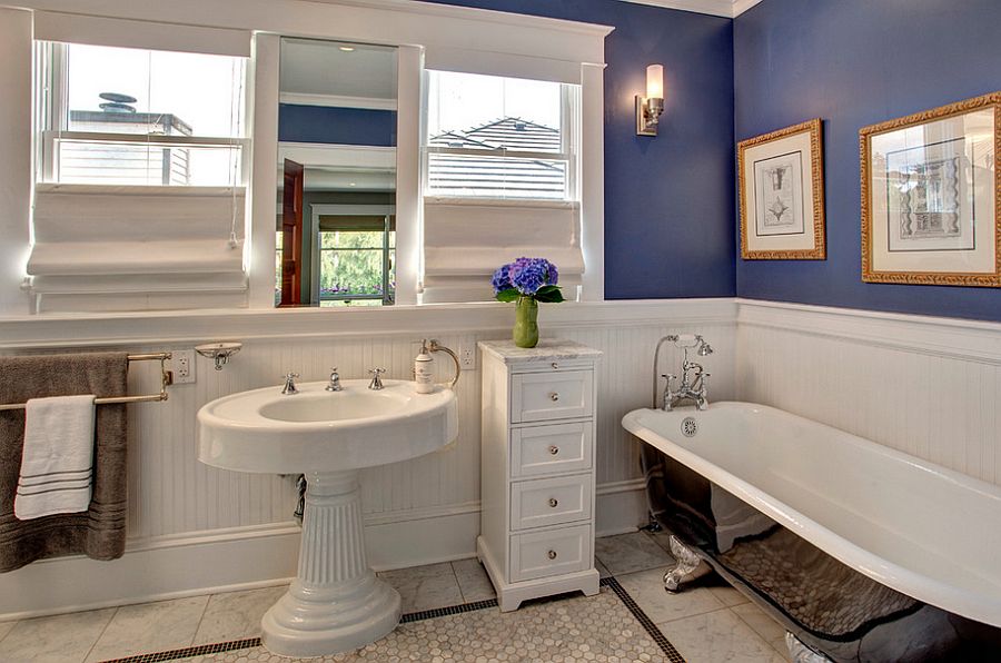 Craftsman-style-bathroom-with-bathtub-in-black-and-purple-walls