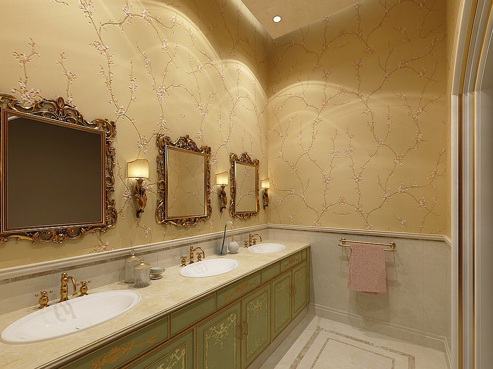 Formal-and-classic-powder-room-with-3D-wall-art