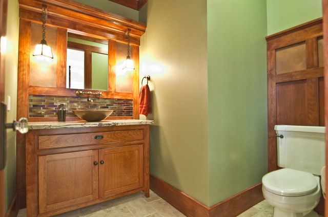 craftsman-bathroom-bathroom-vanity-antique-paint-colors-glass-tiles-green-walls
