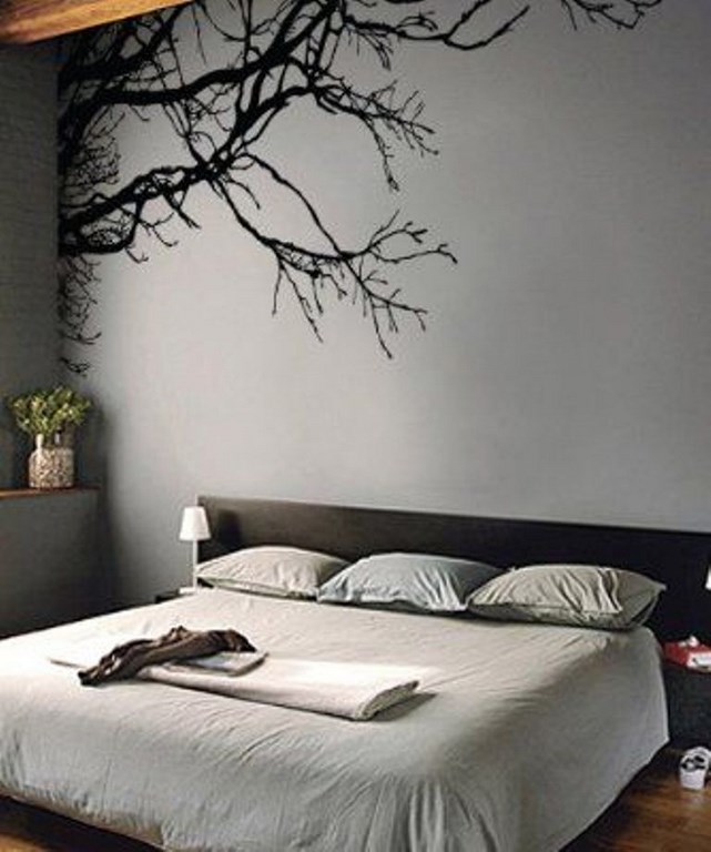 Gray-Bedroom-with-Tree-Wall-Mural