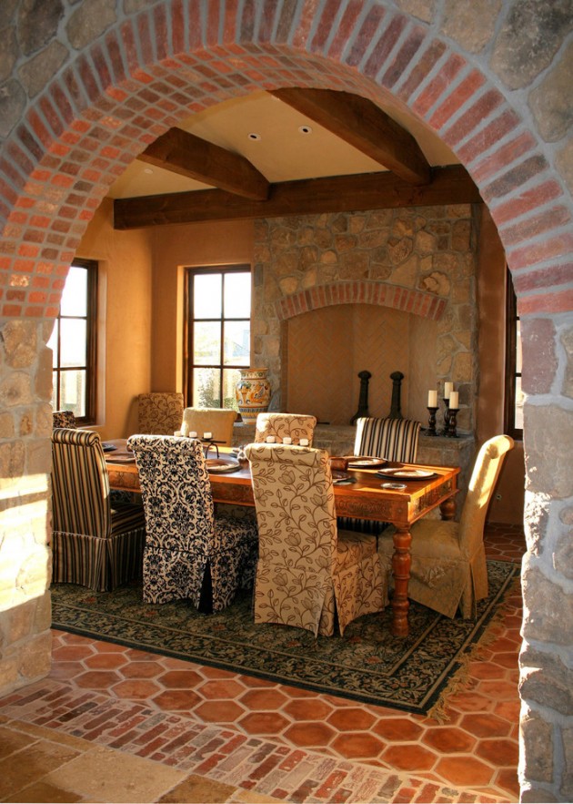 dining mediterranean rustic tuscan brick cabin decorating cozy designs decor warm southwestern chair chairs walls arch italian interior alongside farmhouse