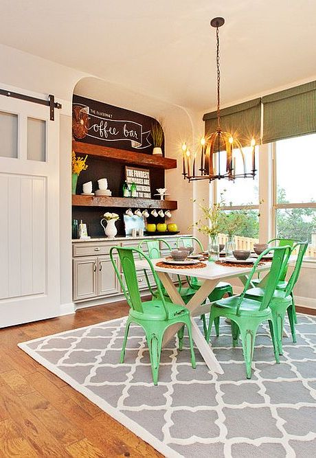 Dining-room-with-bright-green-chairs-corner-coffee-station-and-sliding-style-barn-door