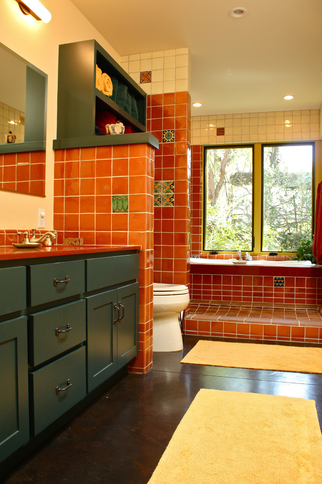 southwestern-bathroom-with-green-bathroom-cabinets