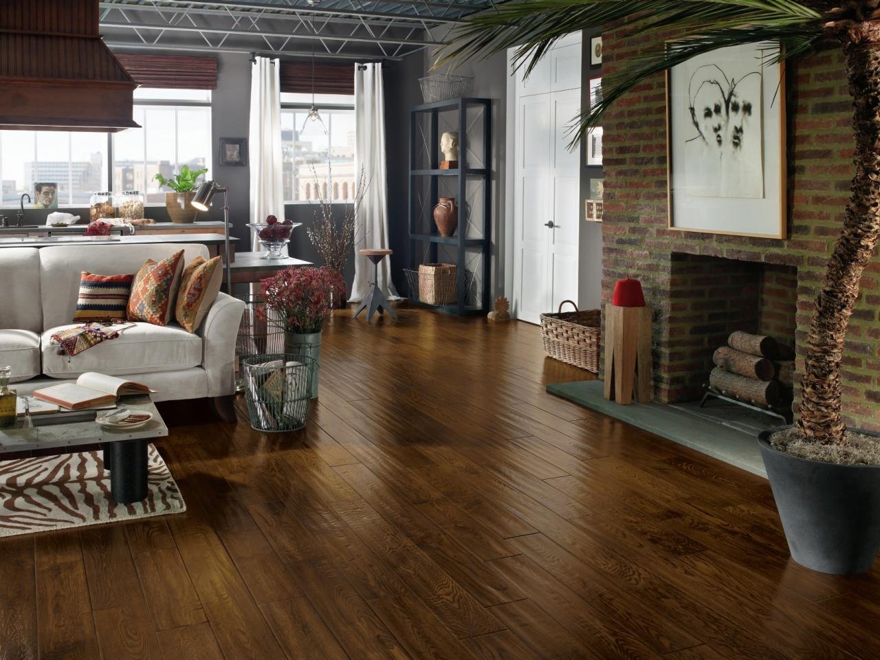 Living Room With Medium Wood Color Floors